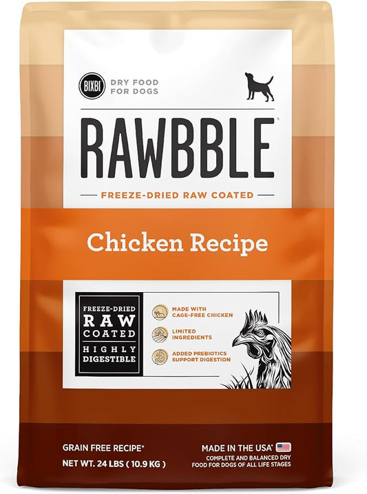 BIXBI Rawbble Dry Dog Food, Chicken, 24 lbs - USA Made with Fresh Meat - No Meat Meal & No Corn, Soy or Wheat - Freeze Dried Raw Coated Dog Food - Minimally Processed for Superior Digestibility-PawvioPets