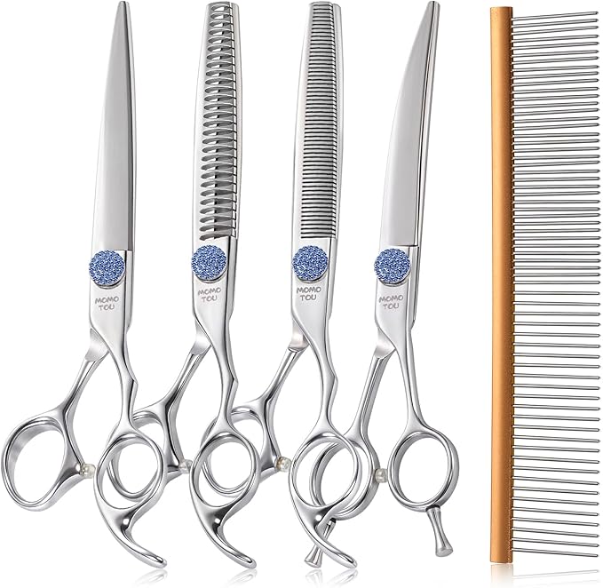 7.5'' Dog Grooming Scissors Set with Blue Diamond Adjustable Screws CNC 440C Stainless Steel Thinner Chunker Straight Curved Shears with Comb Sharp and Durable-PawvioPets