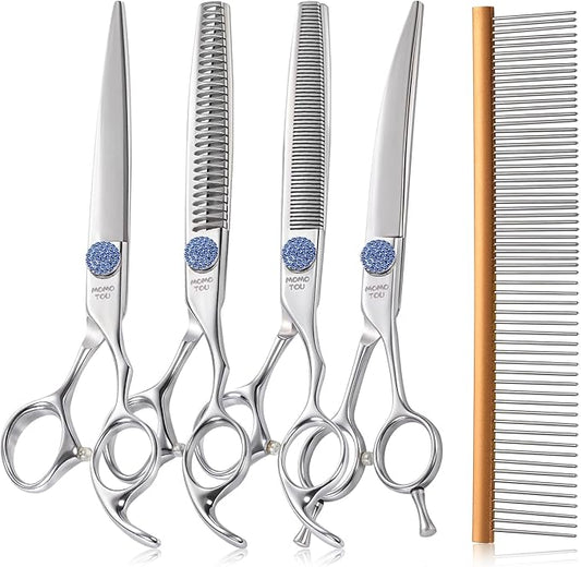 7'' Dog Grooming Scissors Set with Blue Diamond Adjustable Screws CNC 440C Stainless Steel Thinner Chunker Straight Curved Shears with Comb Sharp and Durable-PawvioPets