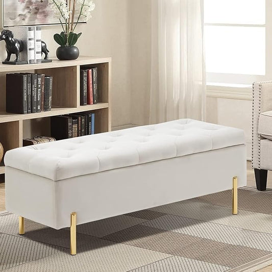45.6 Inch Velvet Storage Bench Upholstered Tufted Settee Ottoman Bench with Storage, Bed End Bench with Soft Close Lid, for Bedroom, Living Room, Entryway, Rectangular Accent Bench, Beige-PawvioPets