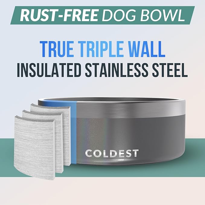Coldest Dog Bowl - Anti Rust Metal, Non Slip, 3 Layers Insulated Stainless Steel Dog Bowls - Spill Proof & Heavy Duty - Water Bowl for Dogs, Cats & Pets, Dish Washer Safe (64 oz, Stardust Glitter)-PawvioPets