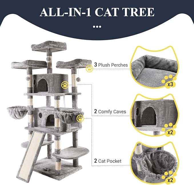 Allewie 68 Inches Cat Tree/House and Towers for Big Feline/Scratching Post/Multi-Level Large Kitty Climbing Tree with Condo/Light Grey-PawvioPets
