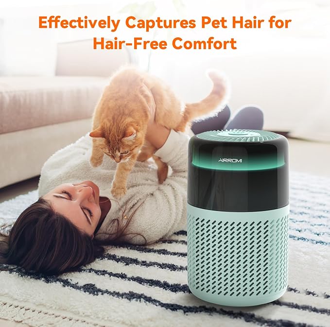 AIRROMI Air Purifier for Bedroom Home,HEPA Filter,Covers Upto 549 Ft²,Quiet 360°intake Air Cleaner with Fragrance ponge for Better Sleep,Night Light,Filters Smoke,Pet Dander,Allergies,Dust,A2005Turquo-PawvioPets