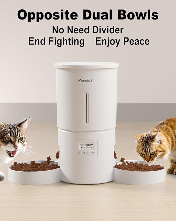 Dual Automatic Cat Feeder 2 Cats,6 Meals/Day,12 Portions/Meal,4.2L Dual Power Double Bowls Feeder,Dry Food Auto Pet Dispenser,10S Voice Record,Flexible Schedule Timer(White,Stainless Dual Bowls)-PawvioPets