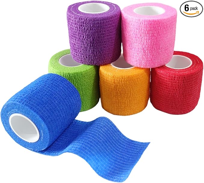 6 Pack 2" x 5 Yards Self Adhesive Bandage Wrap Breathable Cohesive Vet Wrap for Pets, Elastic Self-Adherent Tape for Sports, Wrist, Ankle (Mixed Colors)-PawvioPets