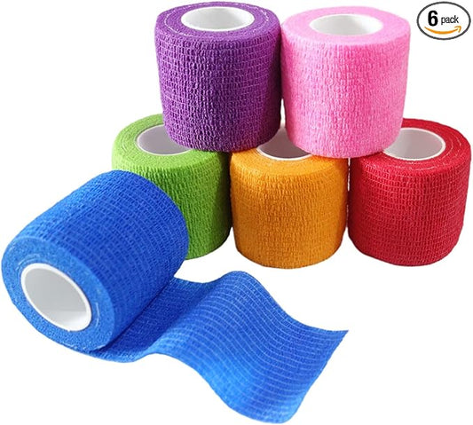 6 Pack 2" x 5 Yards Self Adhesive Bandage Wrap Breathable Cohesive Vet Wrap for Pets, Elastic Self-Adherent Tape for Sports, Wrist, Ankle (Mixed Colors)-PawvioPets