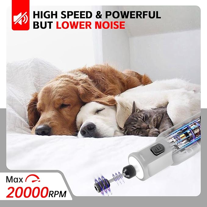 Dog Nail Grinder - Rechargeable Pet Nail Grinder, Electric Upgraded 5 Speed w LED Lights Cordless Dog Nail Trimmer Kit, 40 Accessories Pet Dog Claw Care Kit for Dogs Cats and Small Medium Animals Grey-PawvioPets