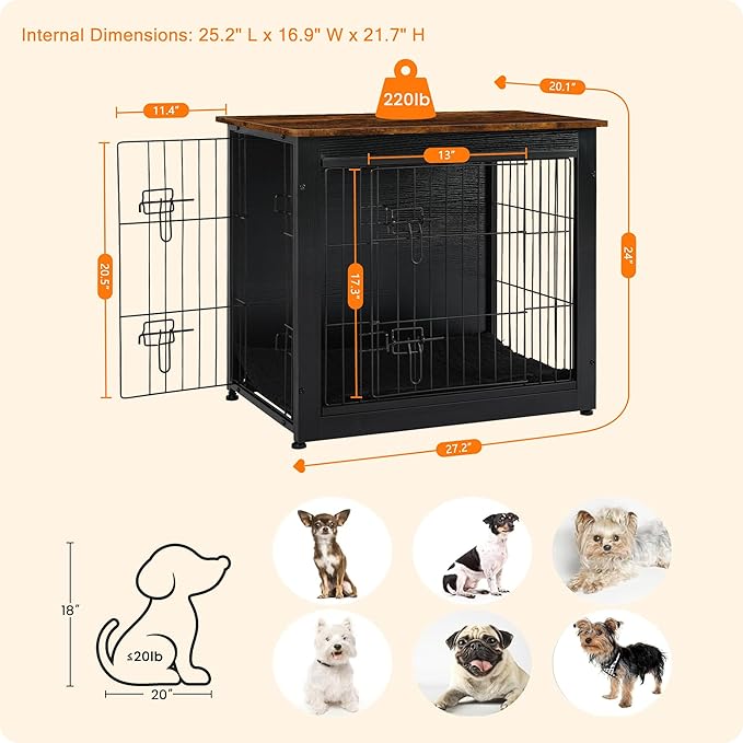 DWANTON Dog Crate Furniture with Cushion, Wooden Kennel Table with Double Doors, Indoor Dog House, Small/Medium/Large Size, 27.2" L, Black+Rustic Brown-PawvioPets