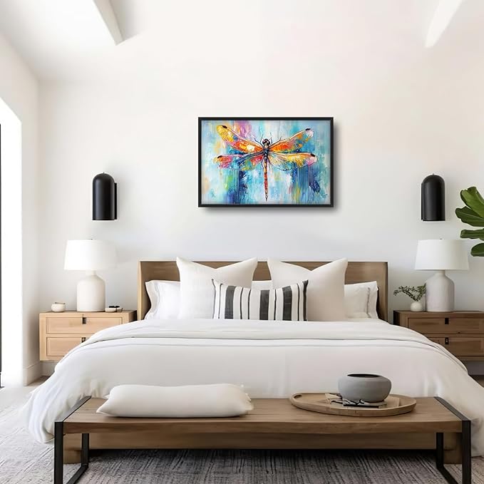 Extra Large Abstract Dragonfly Framed Wall Art for Living Room,Oversized Colorful Dragonfly Pictures Wall Decor,Teal Canvas Print Painting Modern Artwork Bedroom Office Bathroom 36L" x 24W"-PawvioPets
