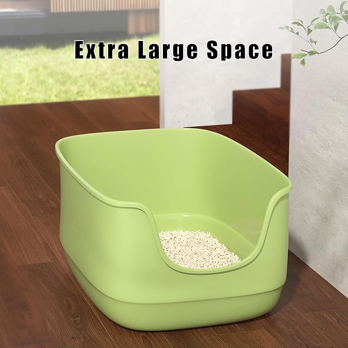 Gefryco Large Cat Litter Box with High Sided 24.6"x18.3"x12.2" - Jumbo Extra Large Open Anti - Splashing High Wall for Multiple Cats (Green)-PawvioPets