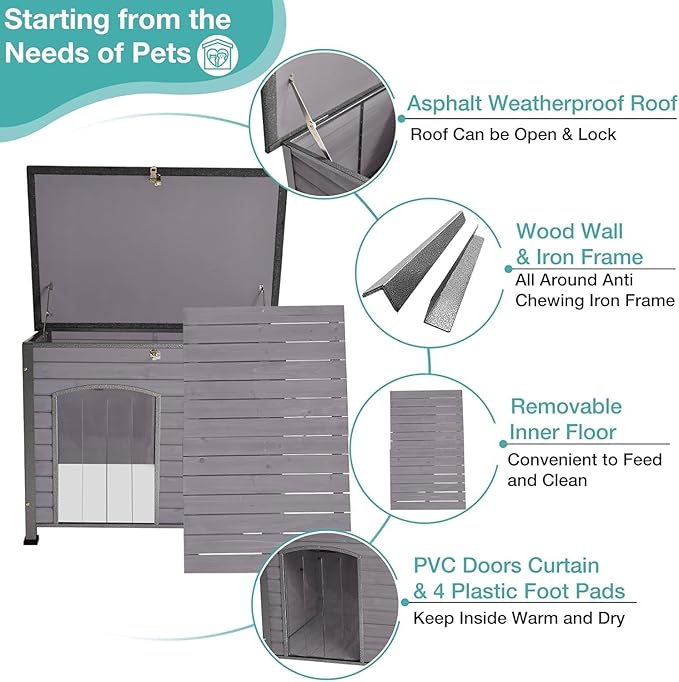 Feral Dog House Outdoor,Anti Bite Iron Frame Dog Kennel,Wood Warm Pets Home,Insulated Weatherproof Outside Shelter for Feral Animal (43.3" (L) x 29.4" (W) x 33.4" (H)-Grey-in)-PawvioPets