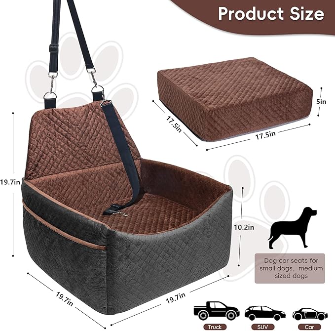 Dog Car Seat for Small Medium Dogs, Soft Fabric Dog Booster Seat with Storage Pockets, Safety Belt, Comfy Pet Car Seat Travel Bed, Removable and Washable-PawvioPets