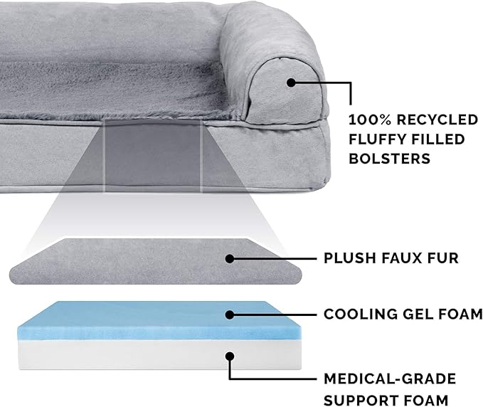 Furhaven Cooling Gel Dog Bed for Medium/Small Dogs w/ Removable Bolsters & Washable Cover, For Dogs Up to 35 lbs - Plush & Suede Sofa - Gray, Medium-PawvioPets