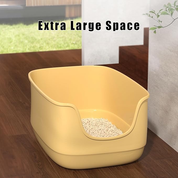 Gefryco Large Cat Litter Box with High Sided 24.6"x18.3"x12.2" - Jumbo Extra Large Open Anti - Splashing High Wall for Multiple Cats (Yellow)-PawvioPets