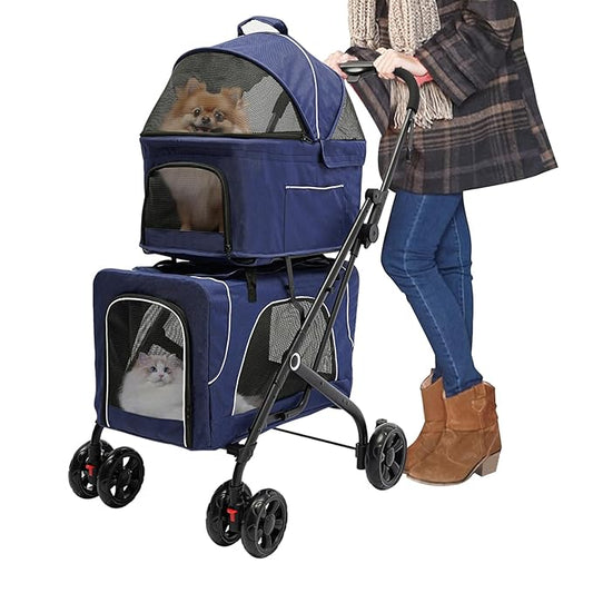 Double Pet Stroller,3.07lbs Dog Cat Carrying Cart,Lightweight Foldable Pet Stroller with 4 Wheels,Blue Portable Compact Pet Travel Cart for Small Dogs and Cats (Blue)-PawvioPets