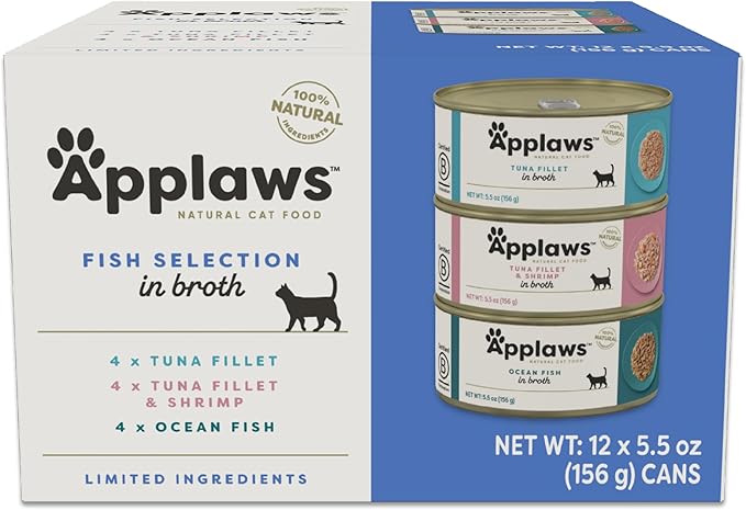 Applaws Natural Wet Cat Food in Broth, Made with Limited and Natural Ingredients, Fish Selection Variety Pack in Broth (12 x 5.5oz Cans)-PawvioPets