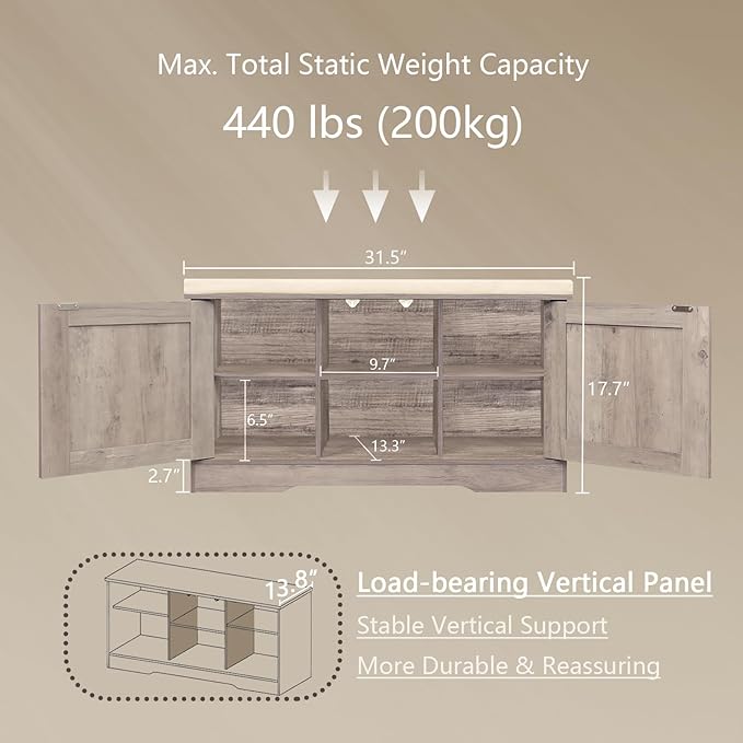 DINZI LVJ Shoe Bench, Entryway Storage Bench with Doors, Cushion, 2-Tier Shoe Rack with 6-Cubby, 31.5”L x 13.8”W Shoe Organizer Cabinet, Adjustable Shelf, Living Room, Bedroom, Greige-PawvioPets