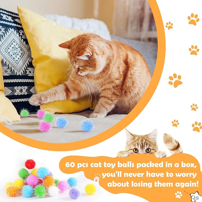 DF DUALFERV 60 Pcs Cat Pom Pom Balls, Interactive Cat Toys, Sparkle Balls for Cats, Extra Large and Fuzzy for Exercise and Entertainment, Multicolor, 1.5 Inch-PawvioPets