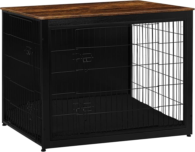 DWANTON Dog Crate Furniture with Cushion, Wooden Kennel Table with Double Doors, Indoor Dog House, Extra Large Size, 43.3" L, Black+Rustic Brown-PawvioPets