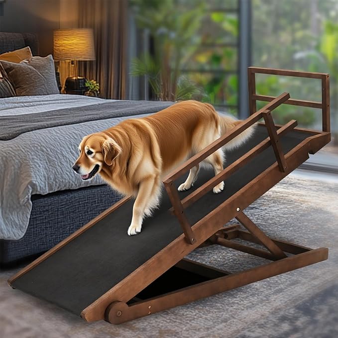 Dog Ramp for Bed, 5 Level Adjustable Dog Ramp for High Beds, Upgrade Rubber Mat High Traction Ramp with Safety Rails, Folding Pet Ramp for Bed, Couch,SUV, Natural Wood Pet Ramp for Small & Old Dogs-PawvioPets