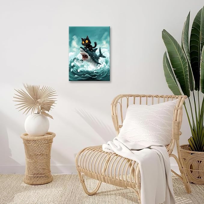 Funny Black Cat Bathroom Wall Art Cute Cat Riding Shark Canvas Wall Decor Animal Kitten Pictures Painting Print Artwork Framed Decorations Gifts for Cat Lover Kids Room Bedroom 24"x20"-PawvioPets