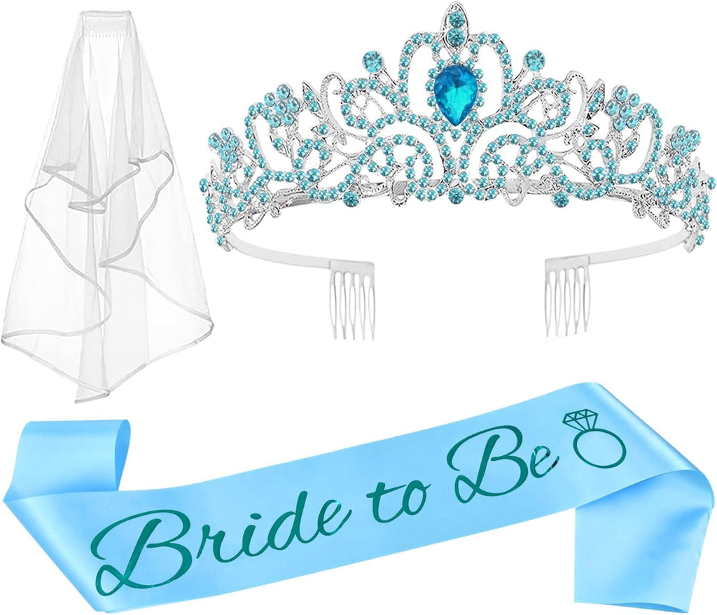 JETKONG 3 Pcs Bachelorette Party Decorations Bridal Shower Crown, Bride to Be Sash&Veil for Women Bachelorette Party Gifts, Bachelorette Party Supplies, Gifts, Favors (Blue)