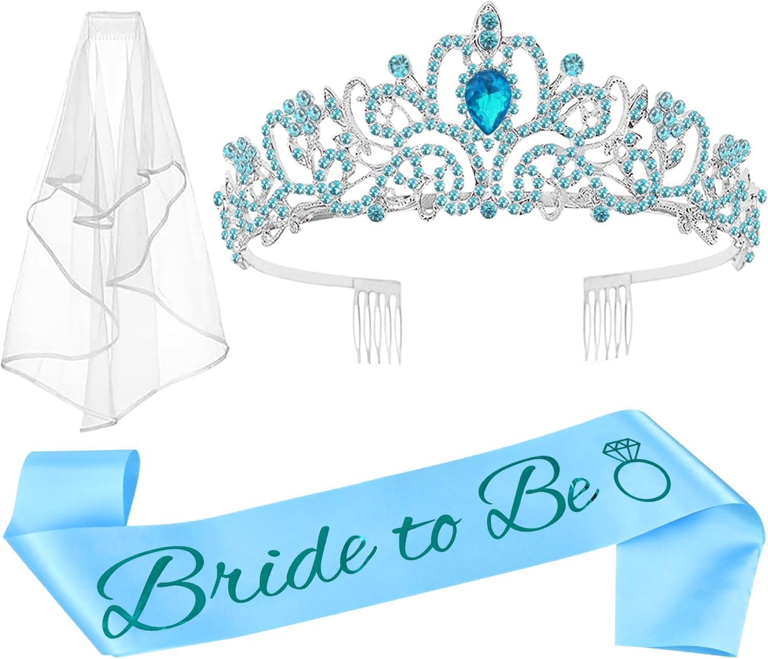 JETKONG 3 Pcs Bachelorette Party Decorations Bridal Shower Crown, Bride to Be Sash&Veil for Women Bachelorette Party Gifts, Bachelorette Party Supplies, Gifts, Favors (Blue)