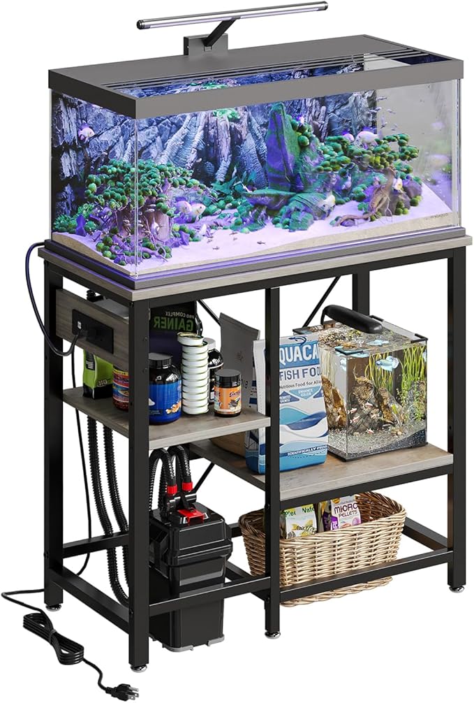 20-29 Gallon Fish Tank Stand with Power Outlets, 30.7 x 13.8 Metal Aquarium Stand with 3-Tiers Adjustable Storage Shelves, 6-Legs Reptile Terrarium Stand, 400 LBs-PawvioPets