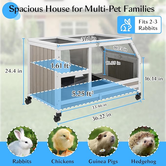 36''L Rabbit Hutch Outdoor with Casters and Run, Wooden Indoor 2 Story Guinea Pig Cage with Divider Panel, Pull Out Tray, Rabbit Duck Bunny House for Small to Medium Animals and Pet Lover, Gray-PawvioPets