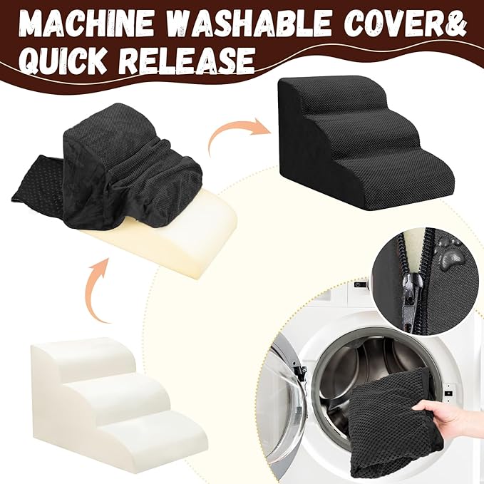 Dog Stairs for Small Dogs - High Density Foam Pet Steps, Extra Wide Dog Ramp with Non-Slip Bottom for High Beds, Couch and Sofa, Best for Dogs Injured, Older Doggy Cats,3 Steps, Black-PawvioPets