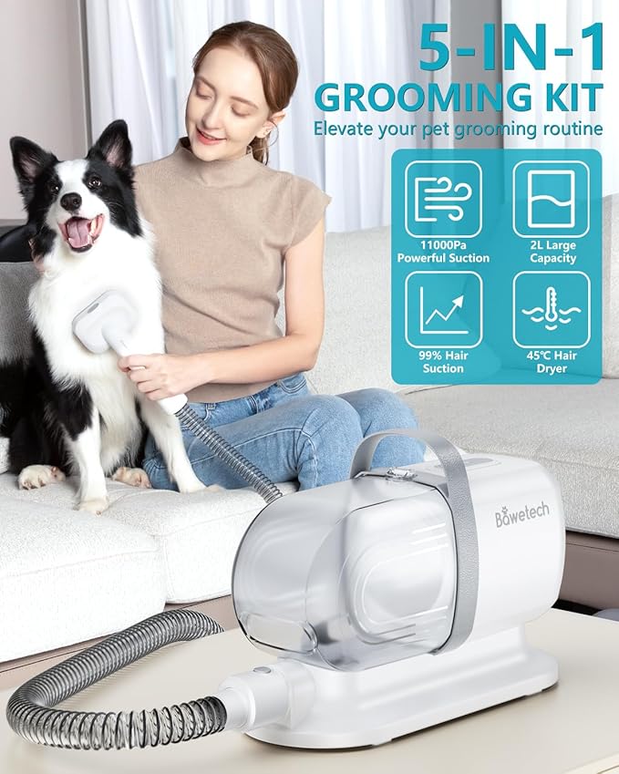 Dog Grooming Vacuum, Bawetech B2 5-in-1 Pet Grooming Kit with Dog Clipper, 11000Pa Suction | 2L Capacity | 113℉ Dryer | Low Noise Pet Hair Removal Tool Pet Supplies, 2025 Upgraded-PawvioPets