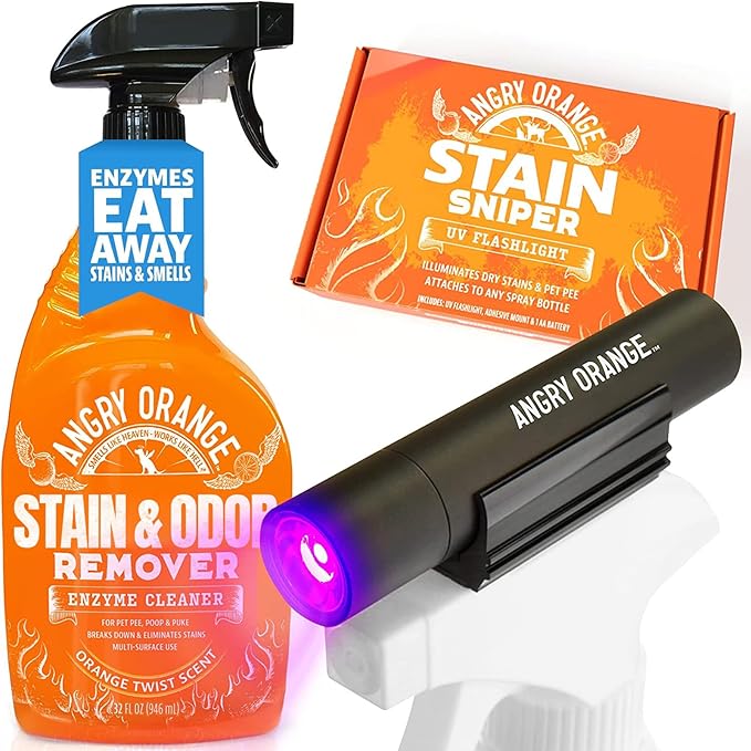 ANGRY ORANGE Pet Stain Remover Kit for Dog Urine - Enzyme Cleaner - Citrus - 32 oz + UV Flashlight-PawvioPets