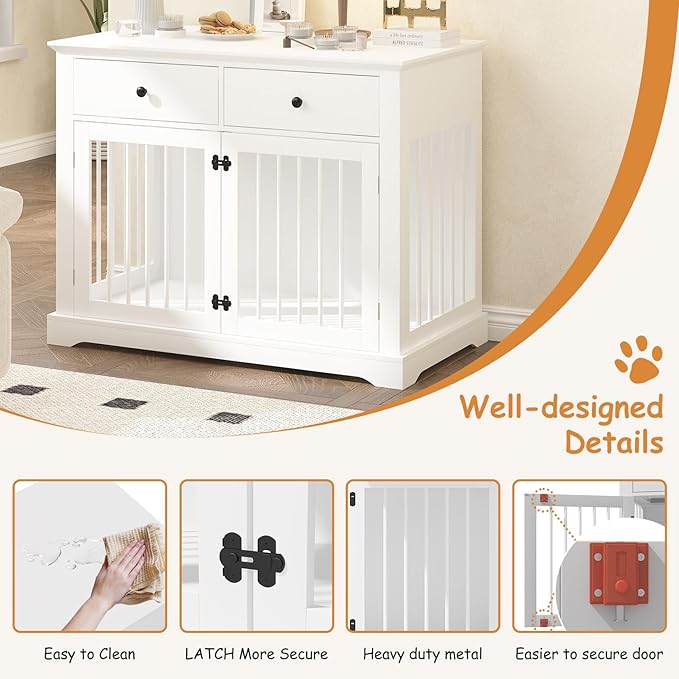 Dog Crate Furniture, 44 Inch Wooden Dog Kennel Indoor with 2 Storage Drawers, Heavy Duty Large Crate Furniture, Decorative End Table Cage Furniture for Small/Medium/Large (White)-PawvioPets