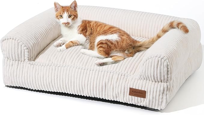 FUKUMARU Dog Couch Bed, Corduroy Cozy Cat Bed for Indoor Cats with Washable Cover, Supportive Waterproof Dog Beds Sofa for Small Dogs and Large Cats Cute, 28inch, Medium, Cream-PawvioPets