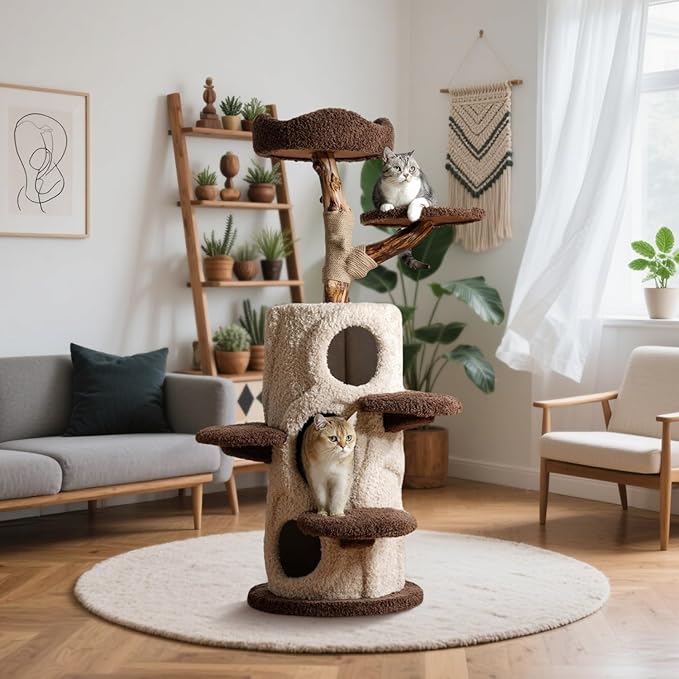 54.7'' Modern Cat Tree for Indoor Cats Large Adult, Wood Cat Tree with 3 Spacious Condos, Luxury Cat Tower with Cozy Perch, Scratching Post, Sturdy Kitty House Furniture for Small Medium Large Cats-PawvioPets