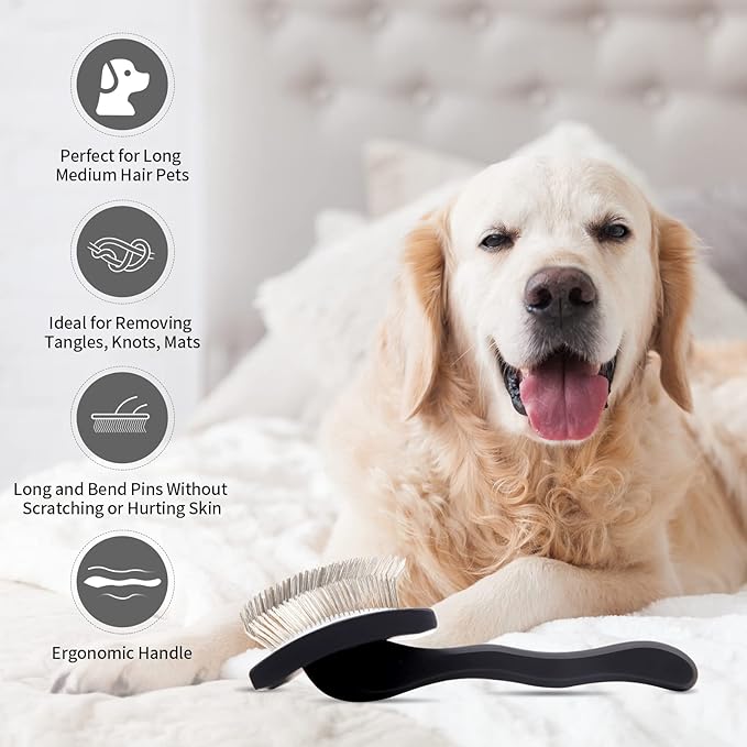 Dog Slicker Brush for Shedding and Grooming Medium or Long Haired Cats, Extra Long & Soft Pin Slicker Brush for Removes Loose Hair, Tangles, Knots, Undercoat, Free Pet Comb, Large Black-PawvioPets