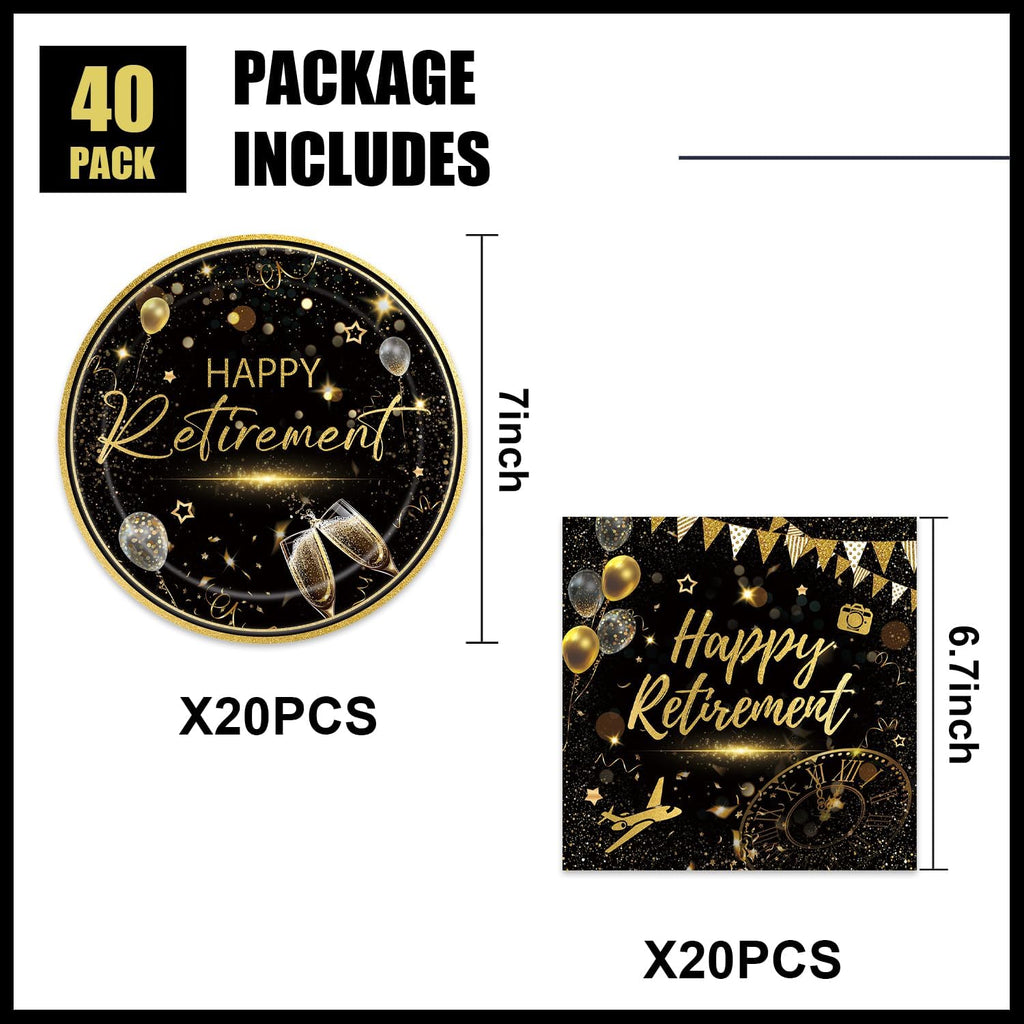 40pcs Happy Retirement Party Supplies Decorations Set, Black Gold Happy Retirement Plates and Napkins for Men and Women, Suitable for 20 Guests