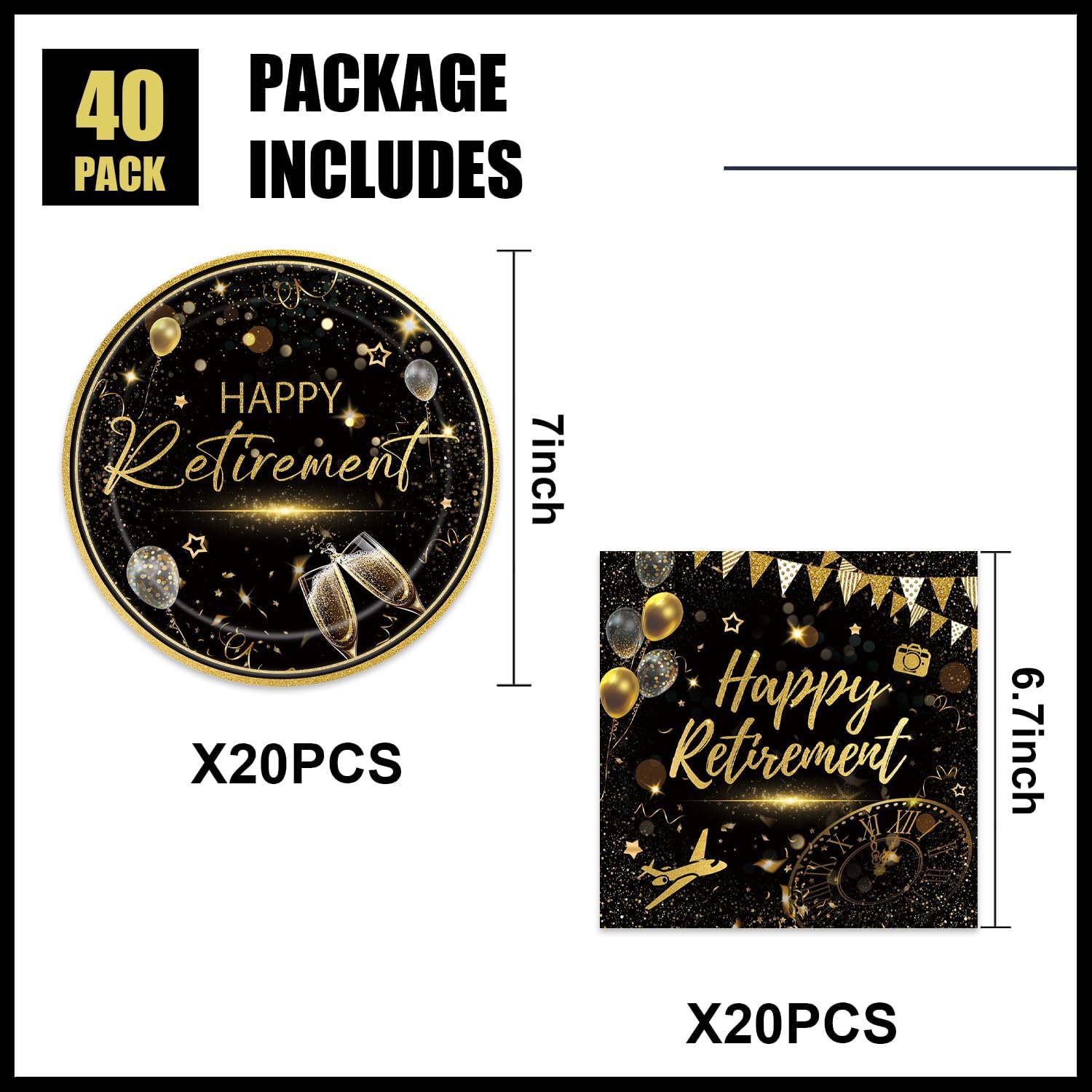 40pcs Happy Retirement Party Supplies Decorations Set, Black Gold Happy Retirement Plates and Napkins for Men and Women, Suitable for 20 Guests