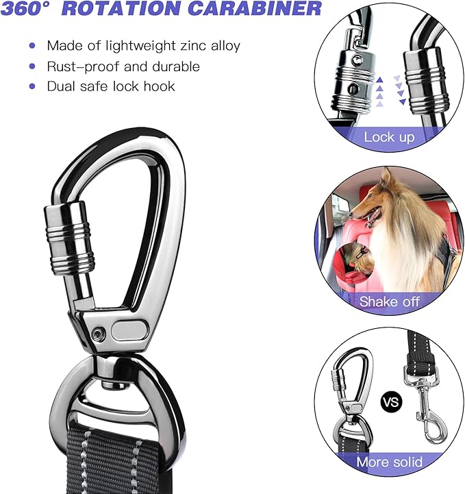 AUBELL Dog Seat Belt for Car,2 Pack Set 3-in-1 Adjustable Reflective Bungee Heavy Duty Dog Car Harness Tether with Clip Hook Latch & Buckle,Swivel Zinc Alloy Carabiner,Black+Black-PawvioPets