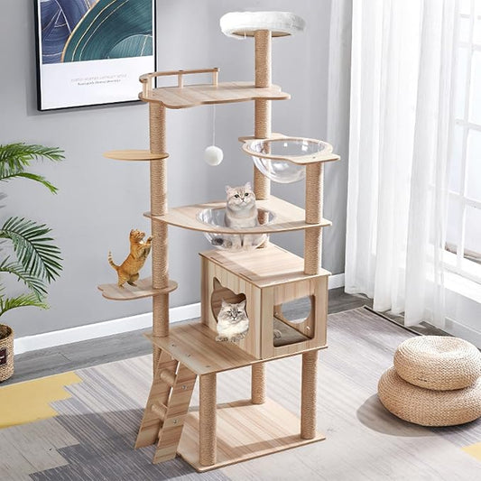 67-Inch Cat Tree for Indoor Cats Large Adult,Cat Tree Tower with Condo, Cat Stairs, 2 Bowl,14 Sisal Scratching Posts, Top Perch, with Padded Platform Bed,Toy Balls,Larg Large cat Tree.B12-PawvioPets