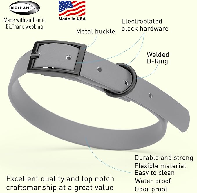 Dogline Biothane Waterproof Dog Collar Strong Coated Nylon Webbing with Black Hardware Odor- Proof for Easy Care Easy to Clean High Performance Fits Small Medium or Large Dogs, Battleship Gray-PawvioPets