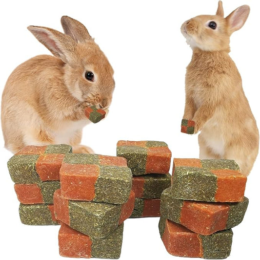 Fhiny 12 PCS Rabbit Carrots Chew Toys, Natural Timothy Hay Biscuit Cubes Rabbit Carrot Molar Treats Small Pet Snacks for Bunny Hamster Chinchilla Guinea Pig or Other Small Animals-PawvioPets