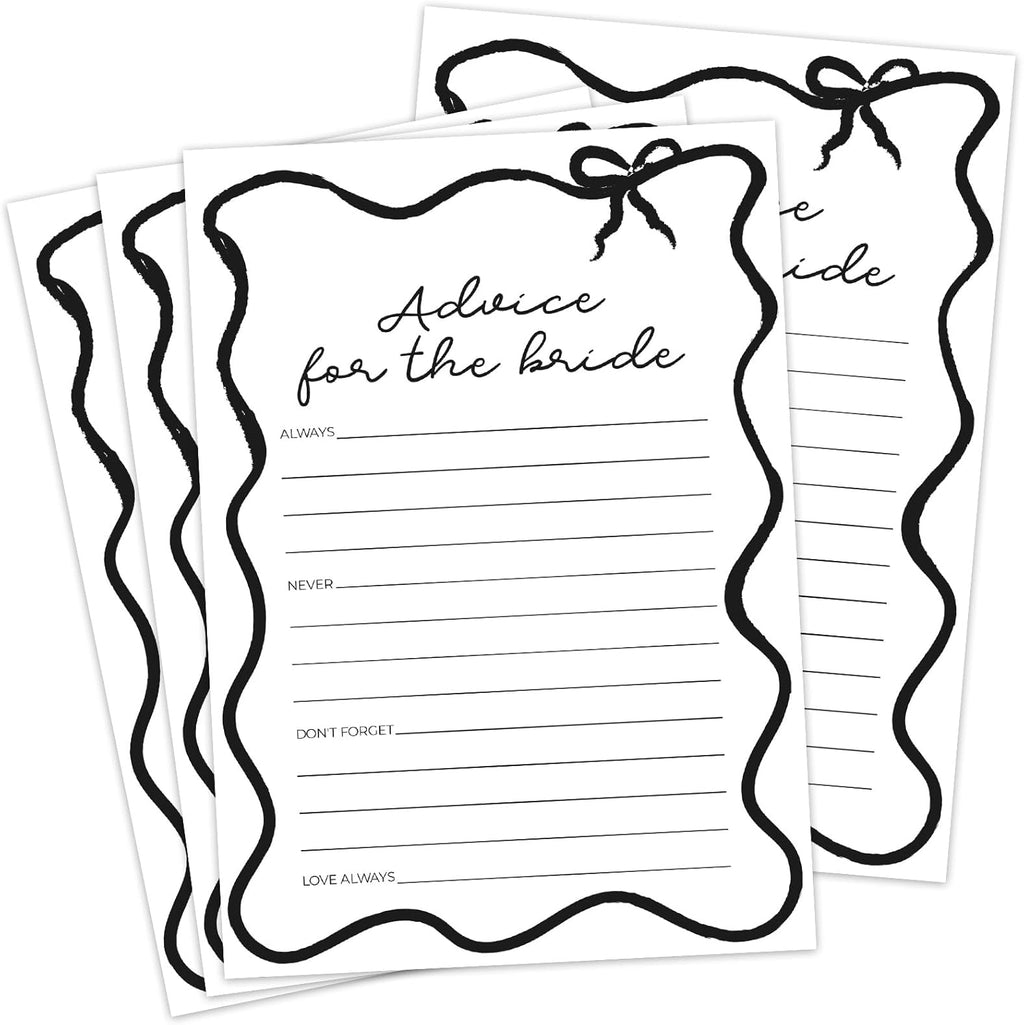 DEEKA 30 PCS Bridal Shower Games Card for 30 Guests Black Wavy Border Ribbon Bow Funny Wedding Bachelorette Party Games for Reception (Advice for The Bride)