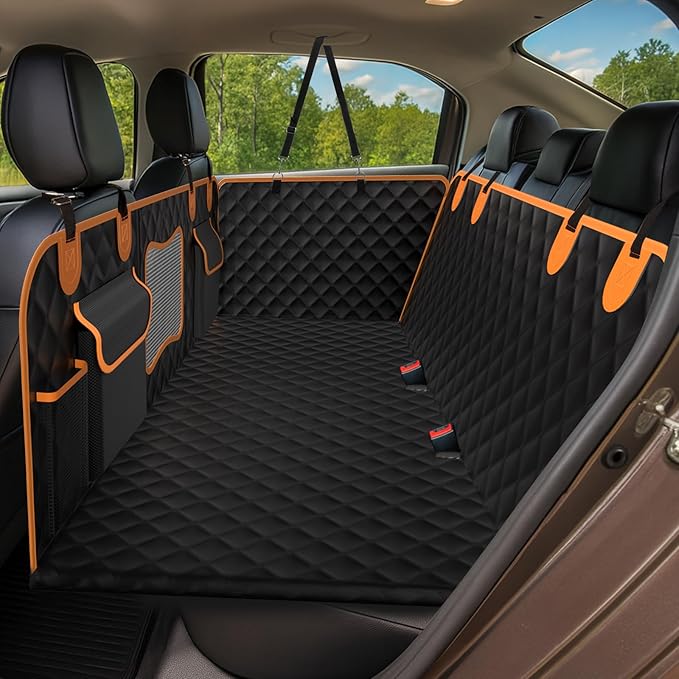 Back Seat Extender for Dogs - Holds 450lbs, Waterproof Dog Car Seat Cover for Back Seat with Hard Bottom for Cars SUVs Truck,Anti-Scratch No Slip Large Space Pet Backseat Protector,Black Orange-PawvioPets
