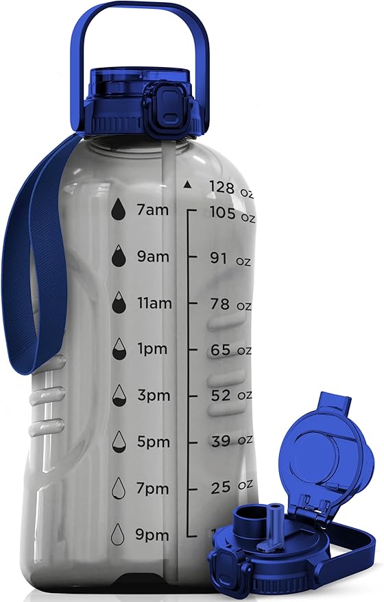 AQUAFIT 128 oz Water Bottle with Time Marker - 2in1 Straw & Chug Lid - BPA Free Big Jug with Straw - Gym Water Bottle with Strap (128 Ounces, Clarity)-PawvioPets