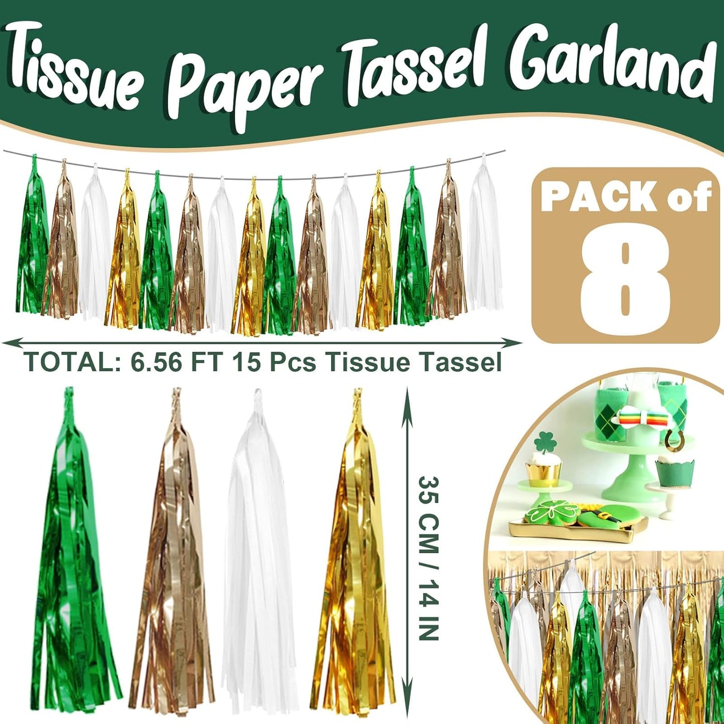 8P Sage-Green Beige-Mint Gold Foil Fringe Metallic Tassel Garland Banner, Tassels Banner Streamers for Parade Floats, Bachelorette, Wedding, Birthday, Christmas, Bridal/Baby Shower Party Decorations