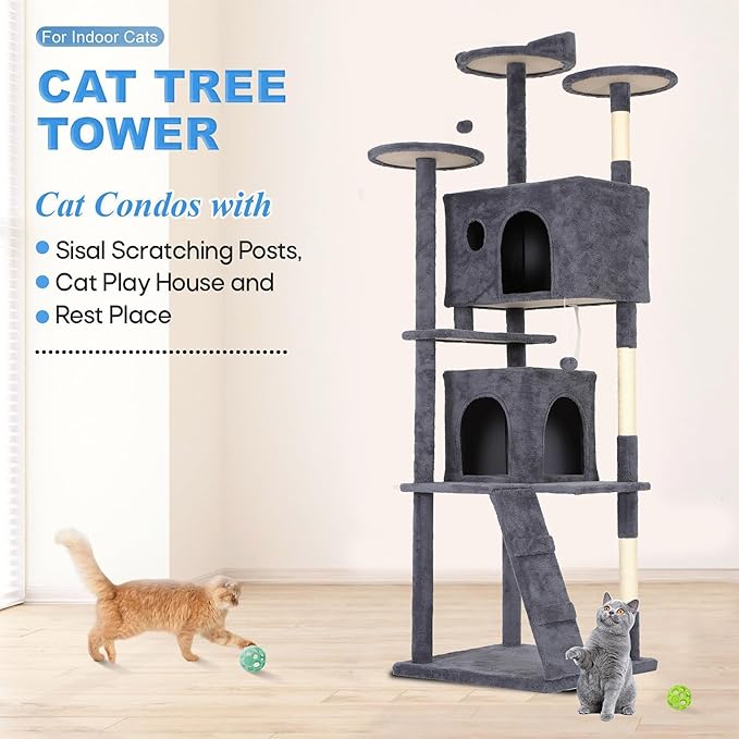 FDW Cat Tree Tower 81in Multi-Level Durable Cat Scratching Post & Cozy Fun Jumping Platform Space Saving Condo Pet Play House for Indoor Cats,Dark Gray-PawvioPets