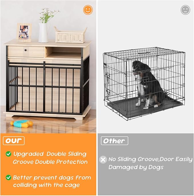 35.5" Dog Crate Furniture, Wooden Dog Crate Furniture for Medium Small Dogs, Wooden Dog Kennel End Table with Drawer and Open Shelves, Sliding Door Dog Kennel Furniture-PawvioPets