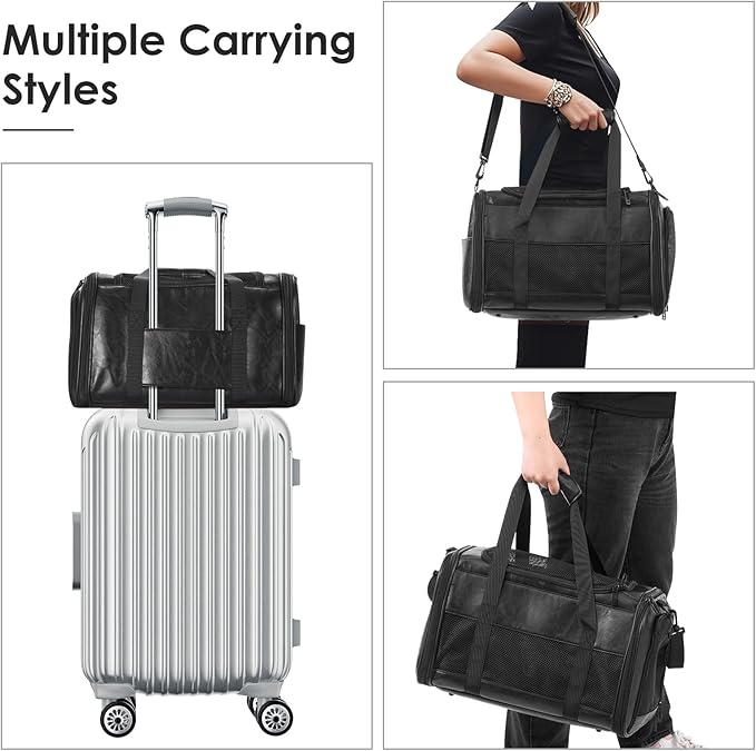 Fashion Leather Dog Carrier, Airline Approved Cat Carrier Soft Sided Pet Bag Carrier Purse for Puppy Kitten Small Animals Black-PawvioPets