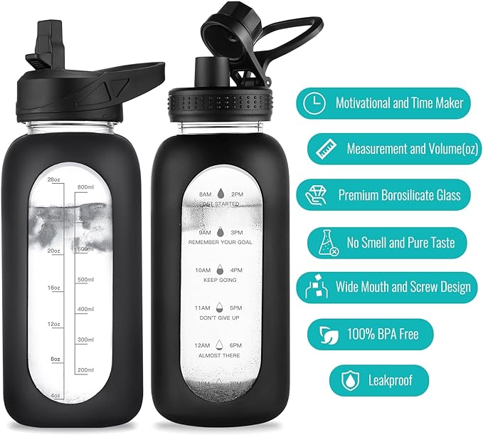 32 oz Glass Water Bottle with Straw and Handle, Sports Motivational Water Flask with Silicone Sleeve, Large Leakproof Water Flask Cup with Time Marker for Travel, Gym, Black-PawvioPets